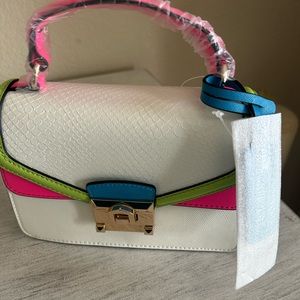 multi color purse with shoulder strap